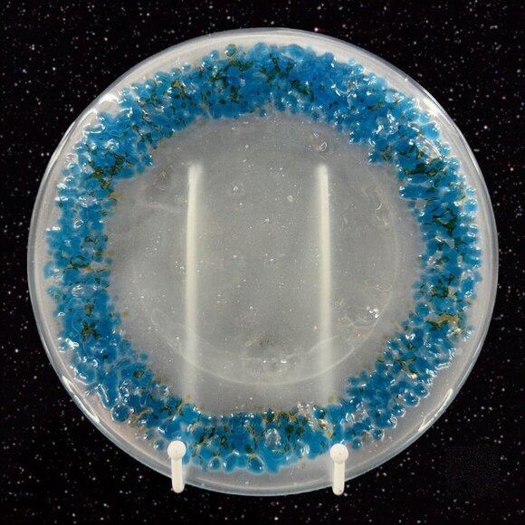 Round Fused Art Glass Dish Plate Clear Frosted With Blue Dots All Around It - Picture 1 of 11